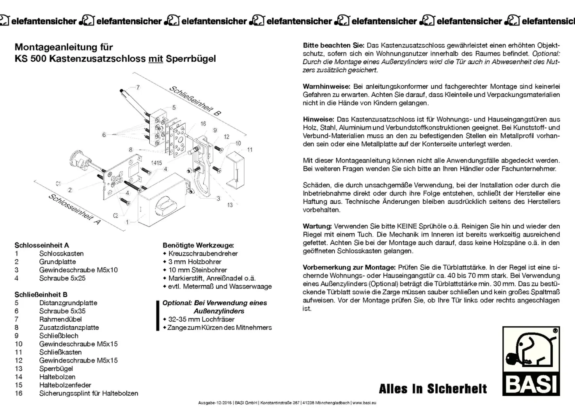 Basi Kastenzusatzschloss Dornmaß 60 mm