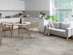 Bodenfliese Feinsteinzeug Travertino teilpoliert rektifiziert 60 x 120 cm gris