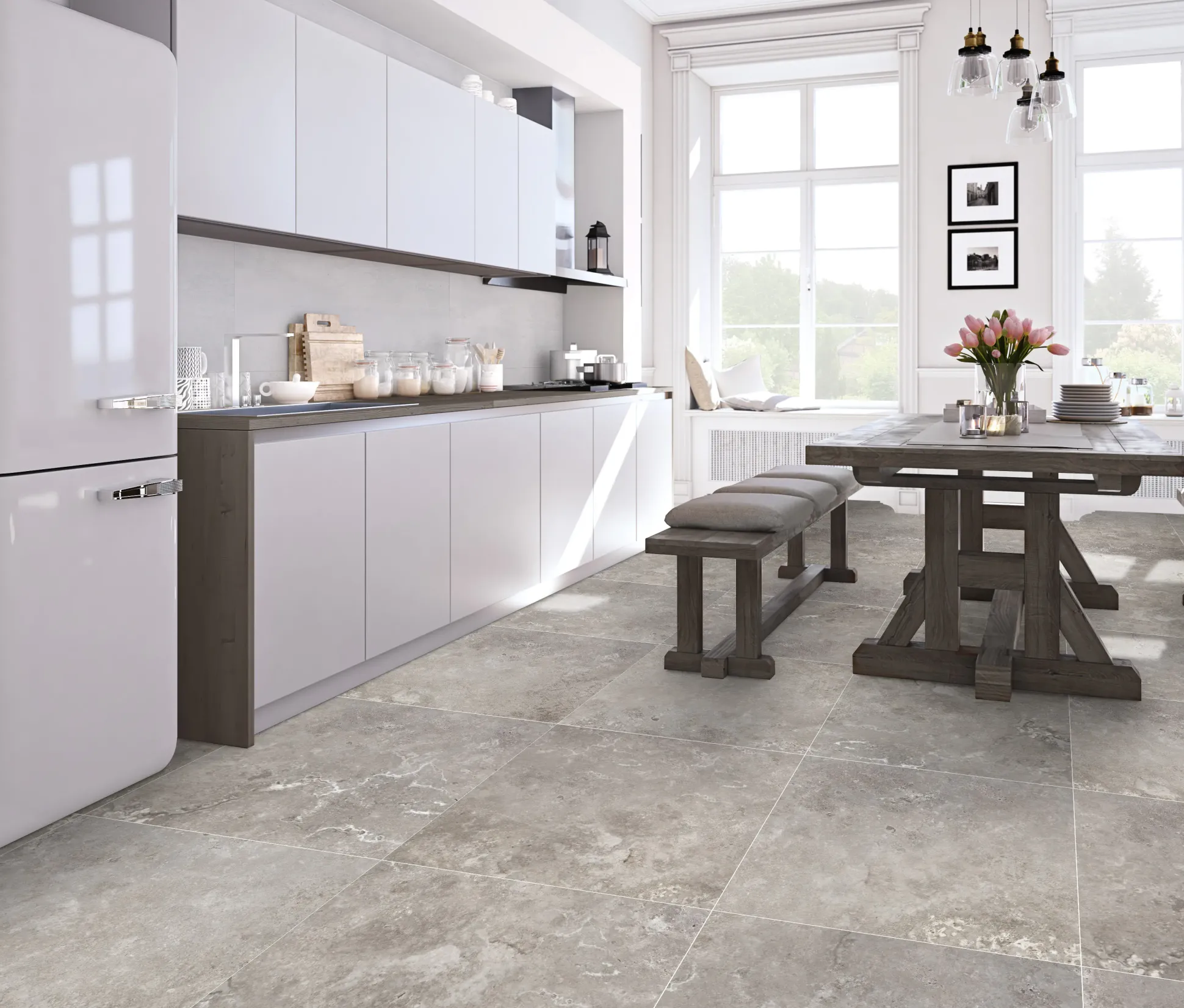 Bodenfliese Feinsteinzeug Travertino 60 x 60 cm grau