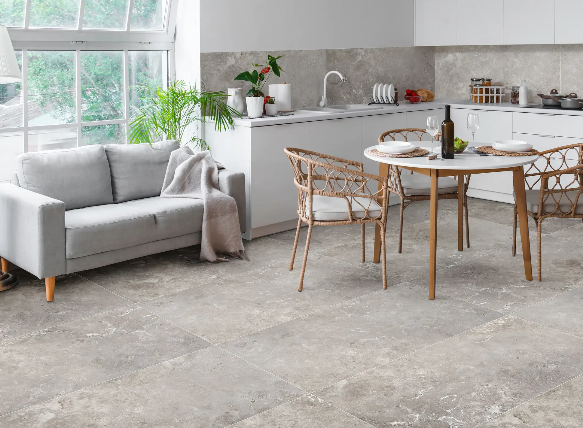 Bodenfliese Feinsteinzeug Travertino 60 x 120 cm grau