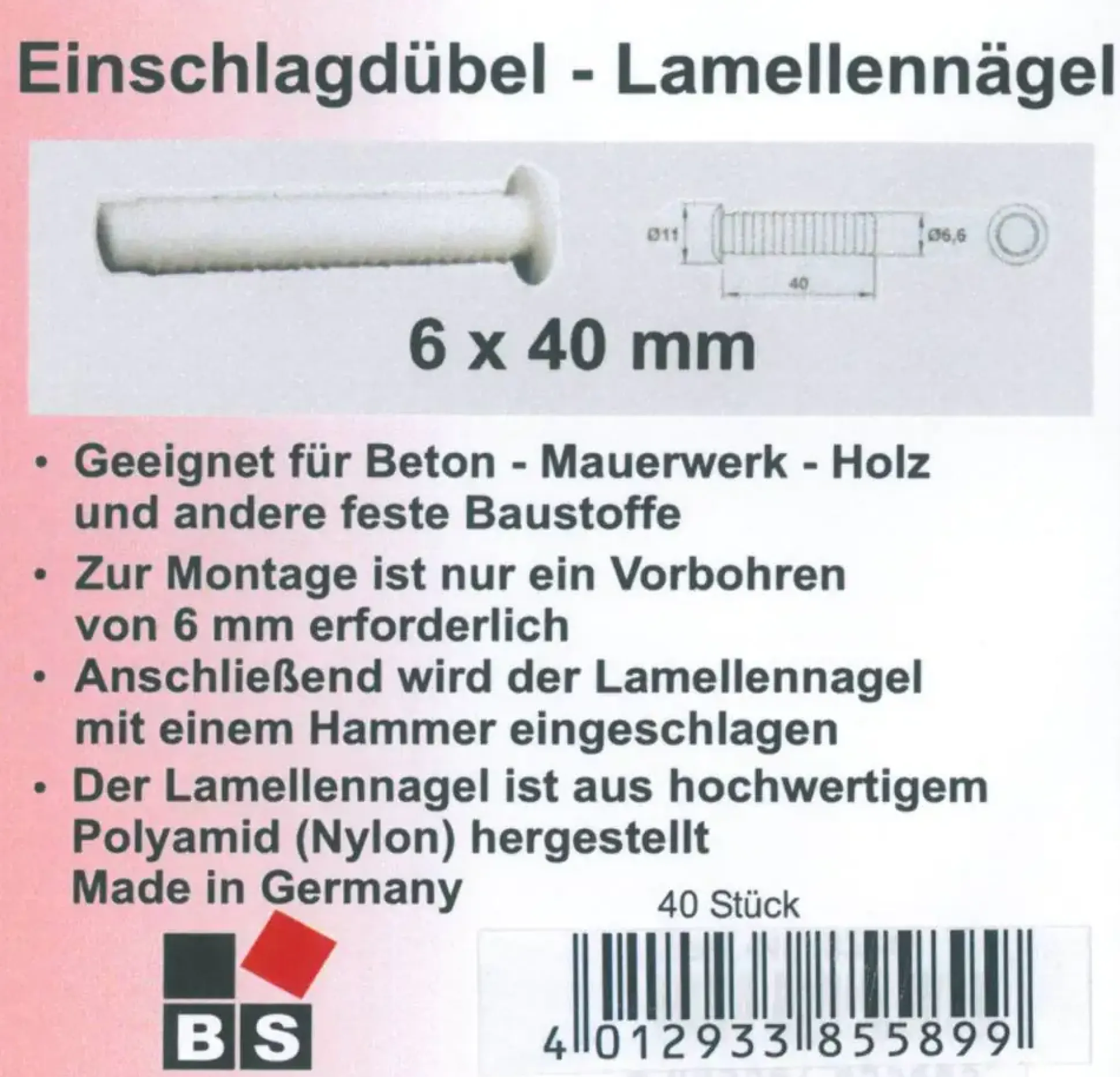 B.S. Bauprogramm Einschlagdübel weiß Ø 6 x 40 mm