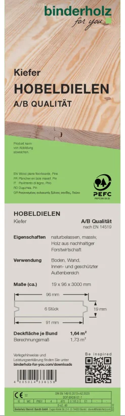 Hobeldiele Kiefer 300 x 9,6 cm 19 mm gehobelt