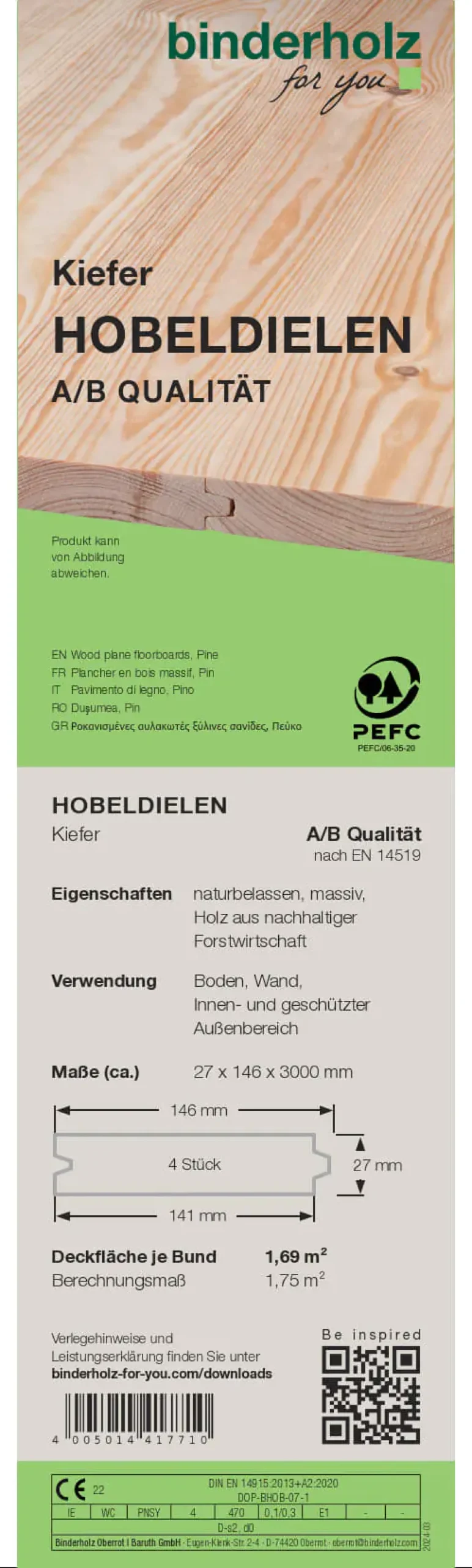 Hobeldiele Kiefer 300 x 14,6 cm 27 mm gehobelt