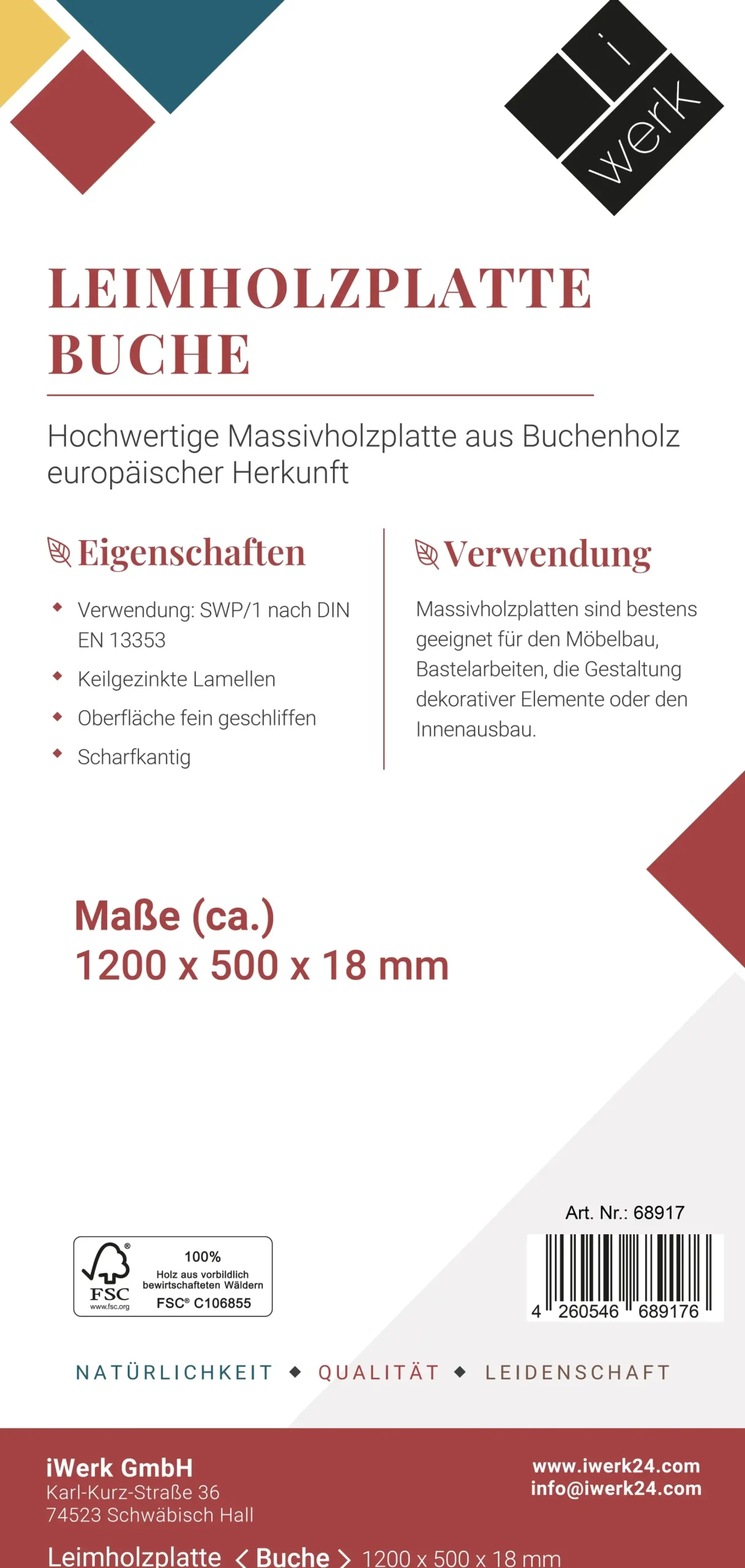 Leimholz Buche 120 x 50 cm 18 mm