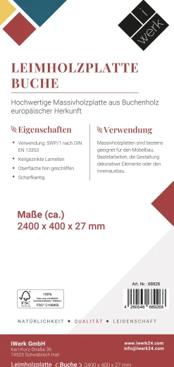 Leimholz Buche 240 x 40 x 2,7 cm