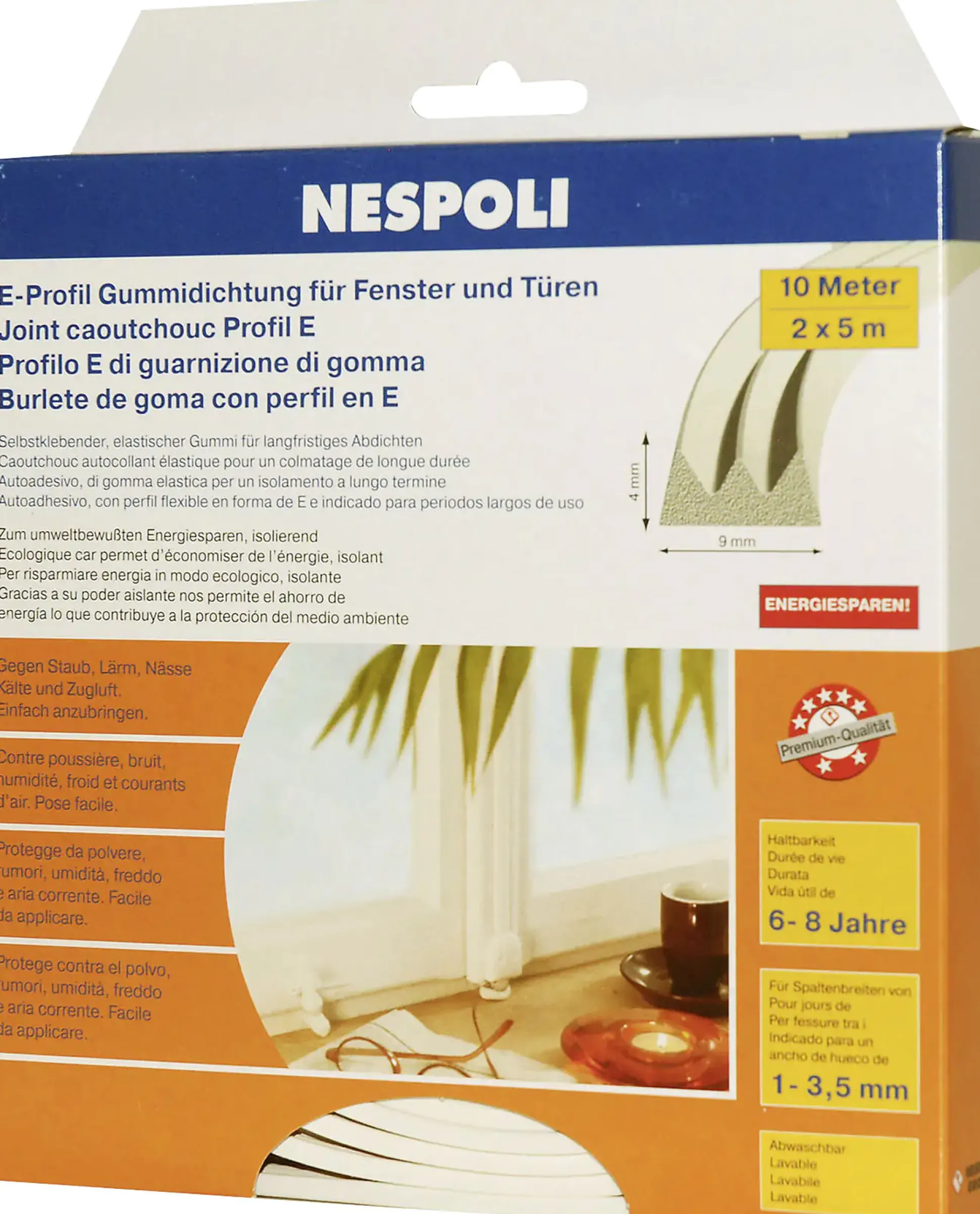 Nespoli Fenster- und Türdichtung mit E-Profil je 5 m, 9 x 4 mm, weiß, 2 Stück