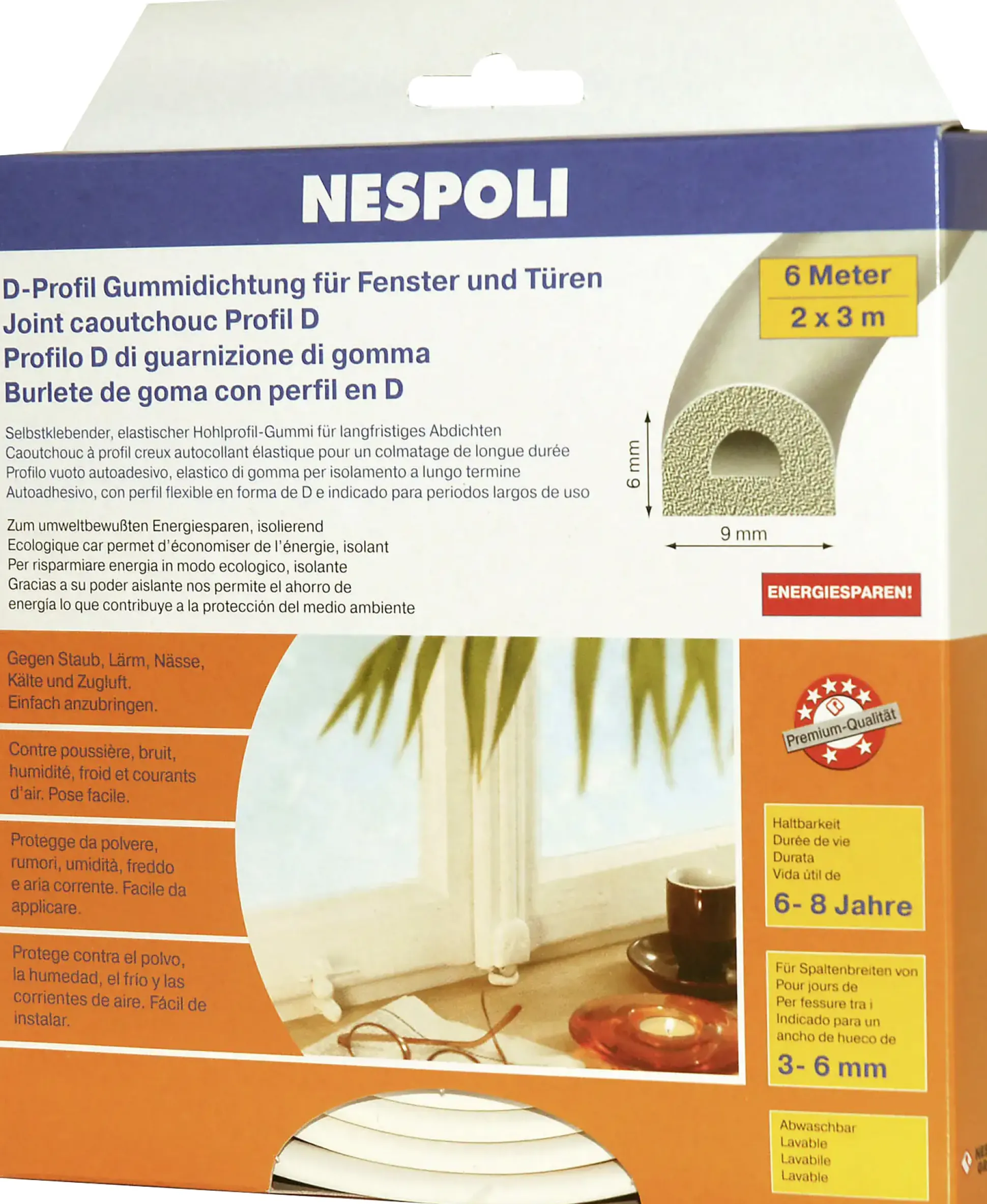 Nespoli Fenster- und Türdichtung mit D-Profil je 3 m, 9 x 6 mm, weiß, 2 Stück