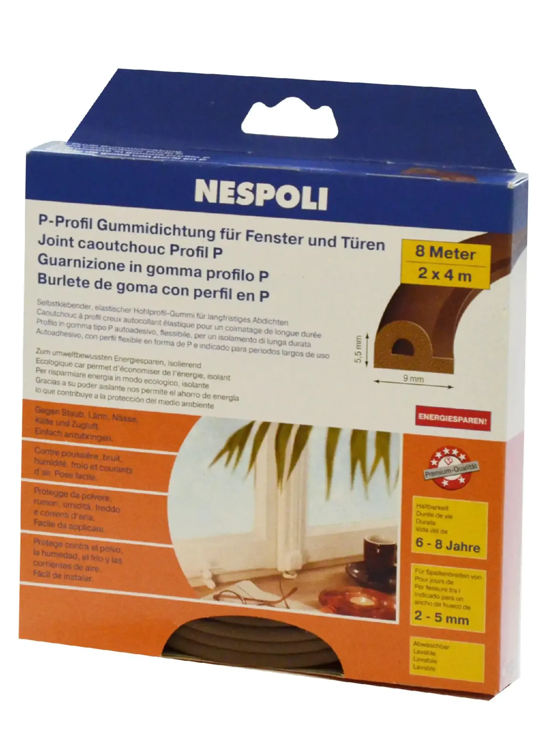 Nespoli Fenster- und Türdichtung mit P-Profil je 4 m, 9 x 5,5 mm, braun, 2 Stück