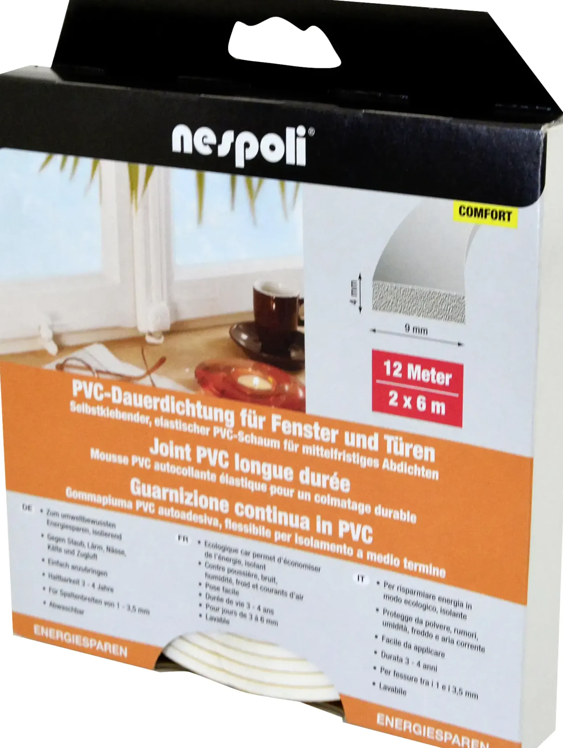 Nespoli PVC-Fenster- und Türdichtung je 6 m, 9 x 4 mm, weiß, 2 Stück