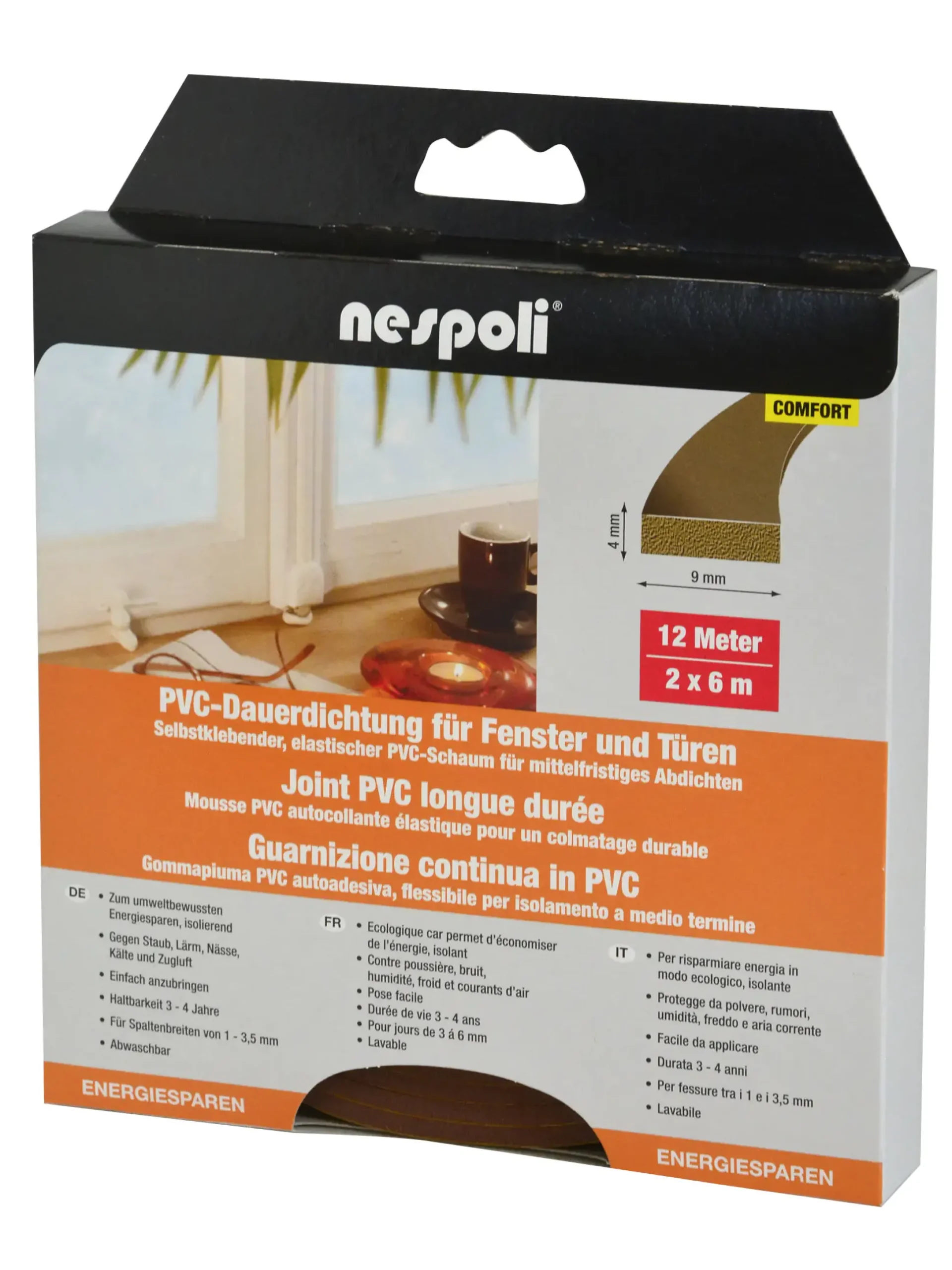 Nespoli PVC-Fenster- und Türdichtung je 6 m, 9 x 4 mm, braun, 2 Stück