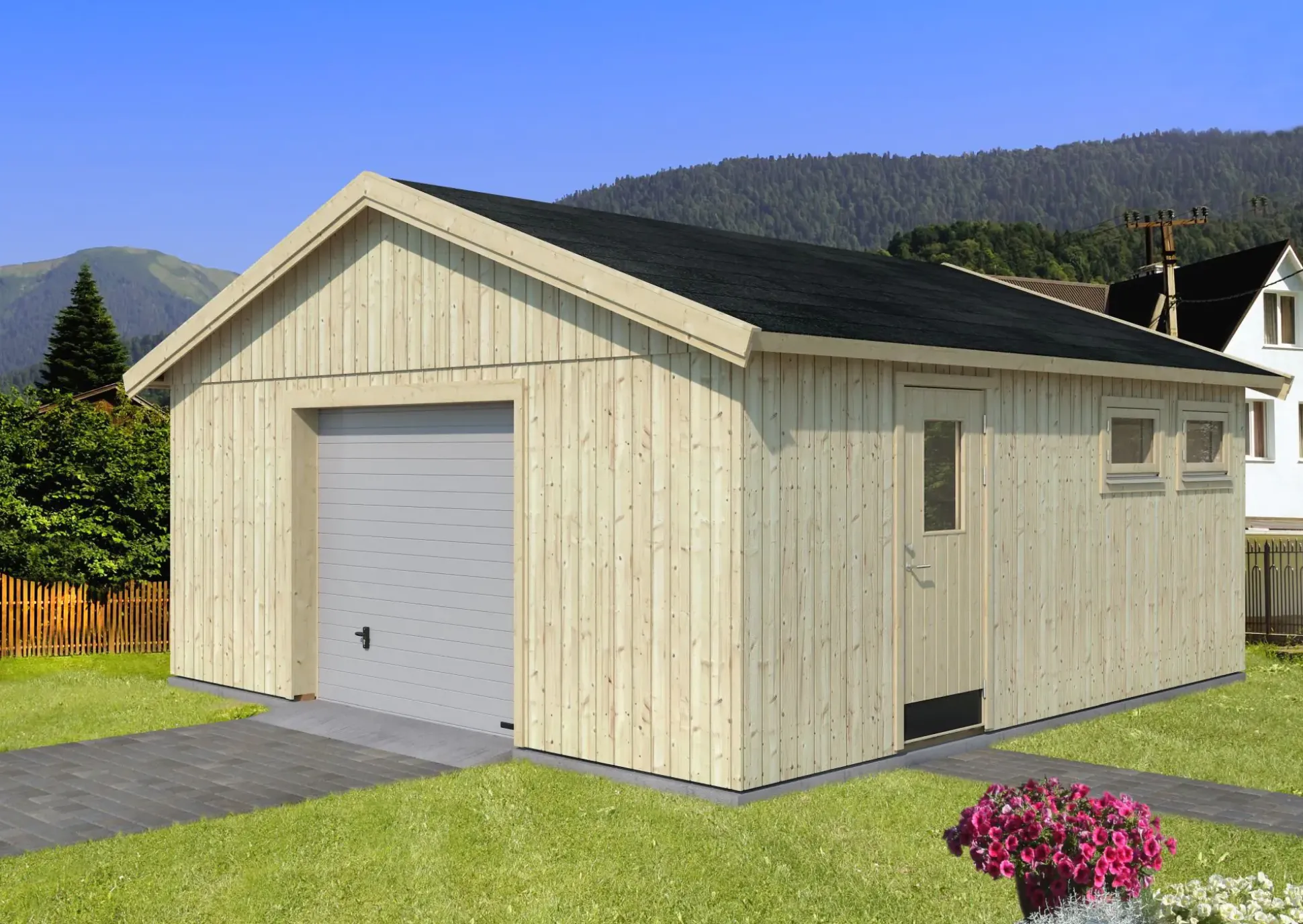 Palmako Fertiggarage Andre 557 x 576 cm mit Sektionaltor naturbelassen