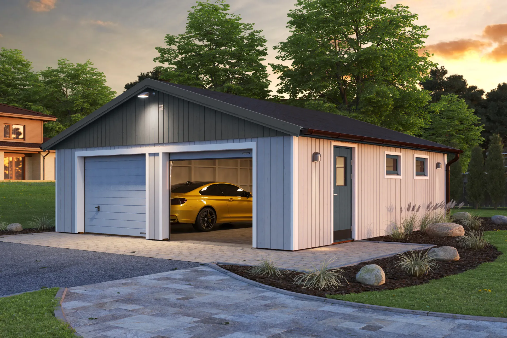 Palmako Fertiggarage Doppelgarage Andre 665 x 739 cm mit Sektionaltor naturbelassen