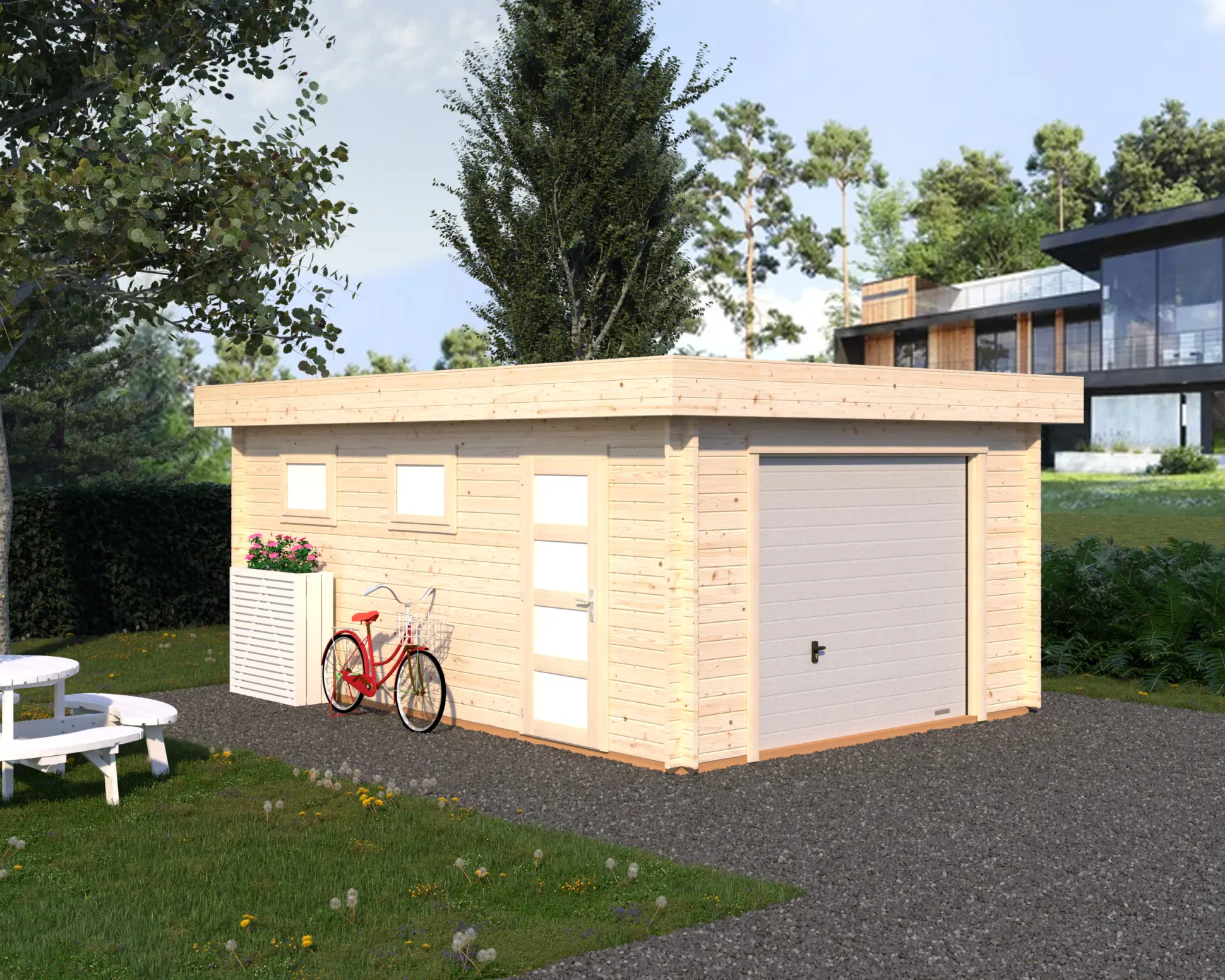 Palmako Fertiggarage Rasmus 360 x 550 cm mit Sektionaltor naturbelassen