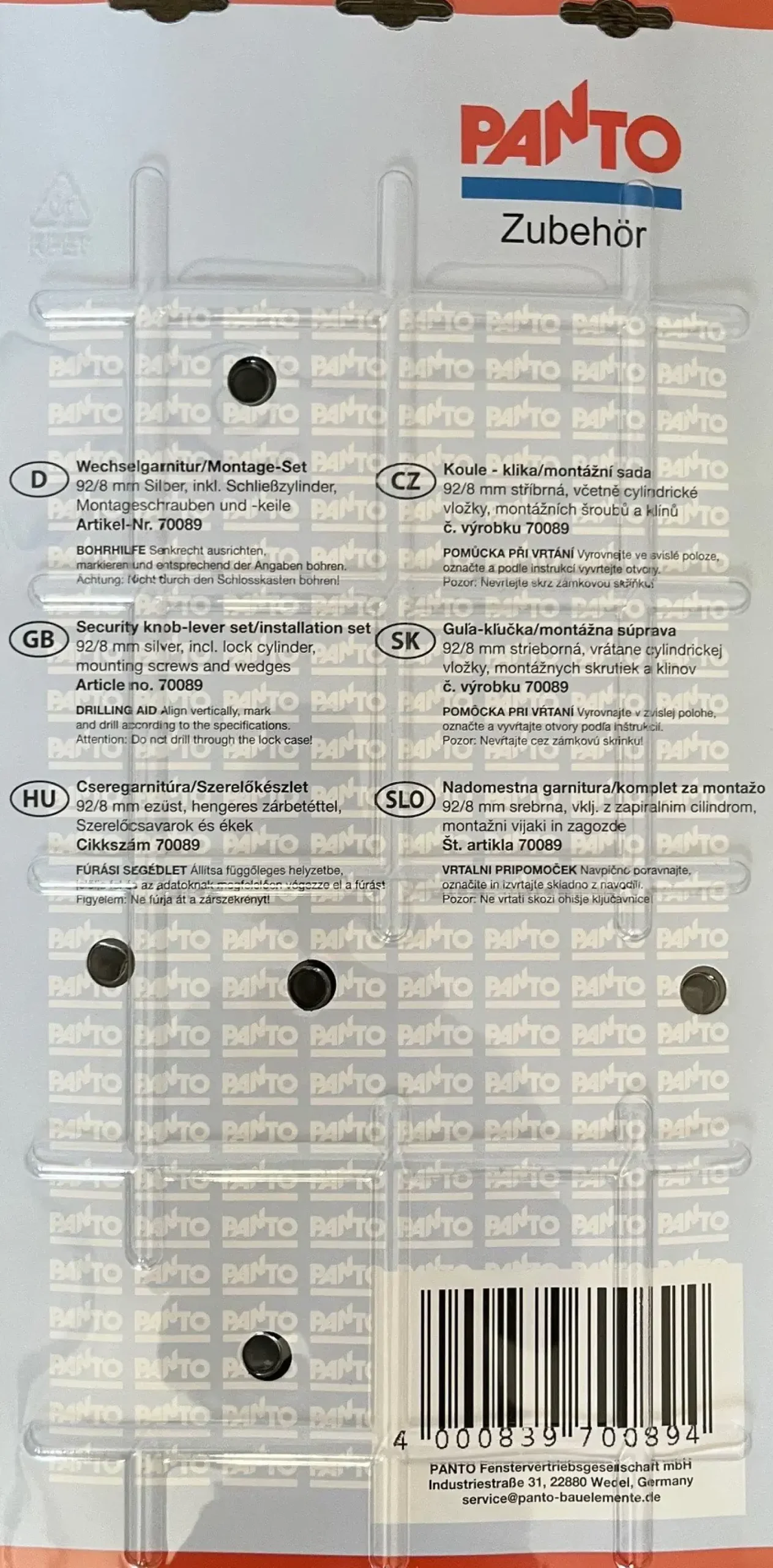 Panto Drückergarnitur 92/8 mm Aluminium inkl. Zylinder und Montageset