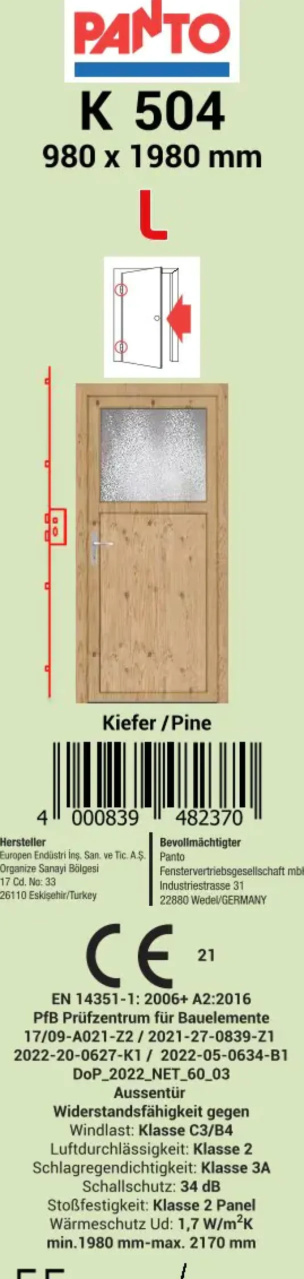 Panto Nebeneingangstür Kunststoff 504 98 x 198 cm DIN links Kieferdekor