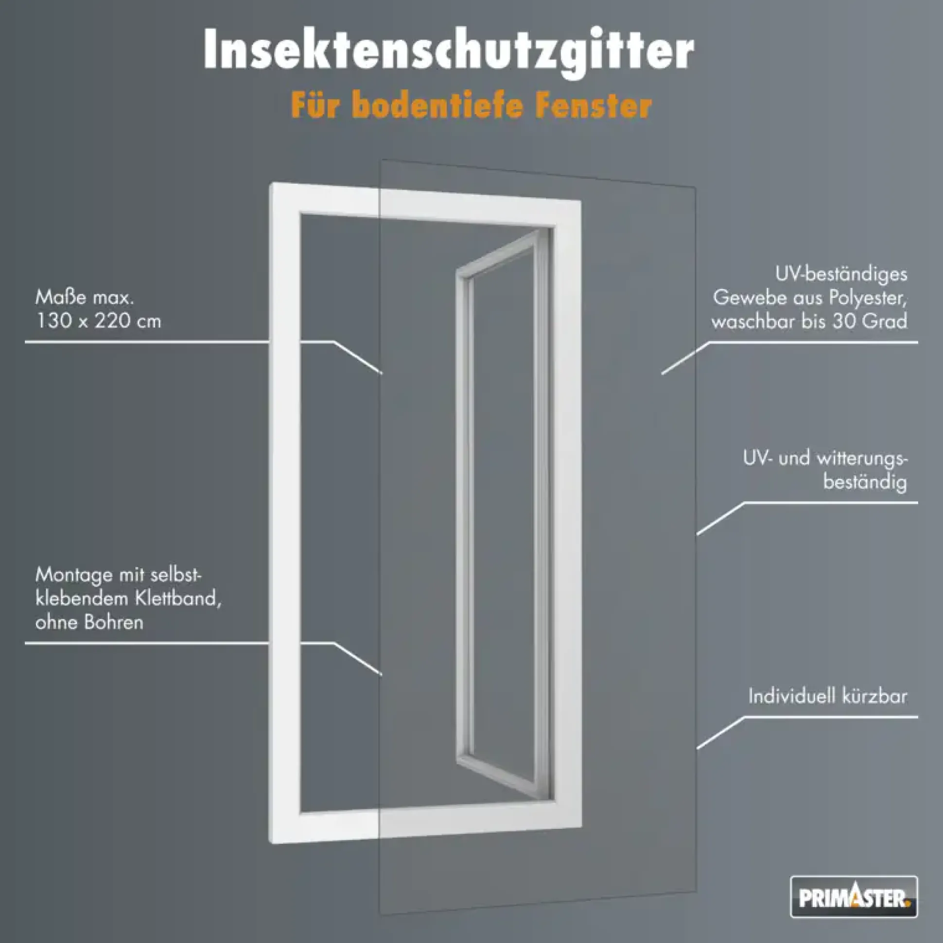 Primaster Fliegengitter für bodentiefe Fenster 130 x 220 cm weiß kürzbar