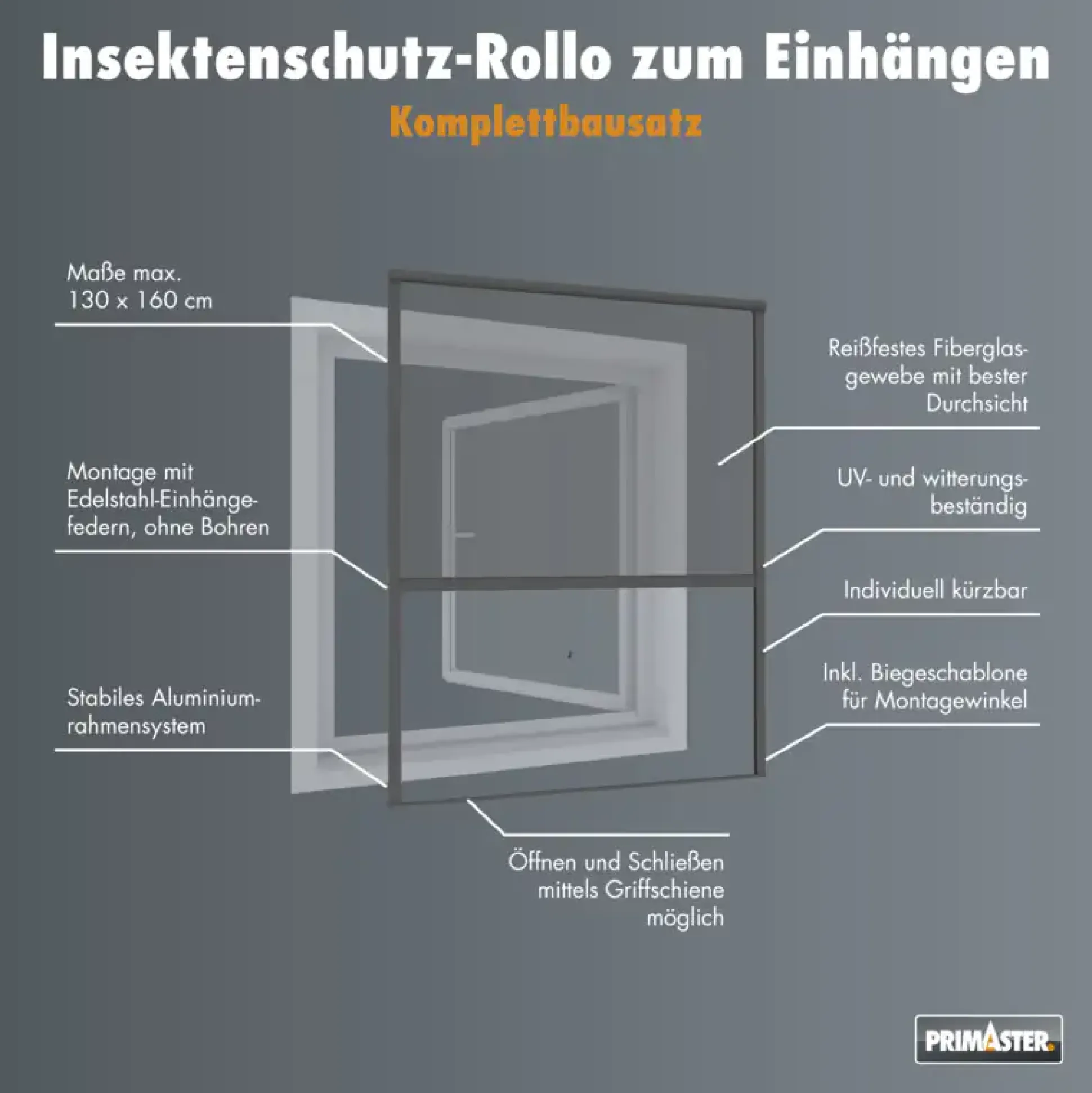 Primaster Fliegenschutz-Rollo 130 x 160 cm anthrazit/anthrazit kürzbar