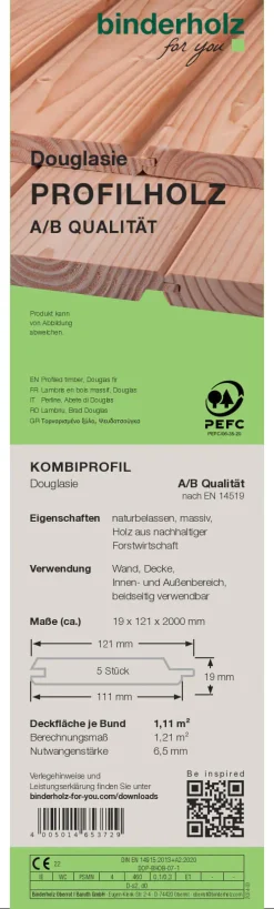 Profilholz Douglasie A B-Sortierung 200 x 12,1 cm 19 mm Kombiprofil