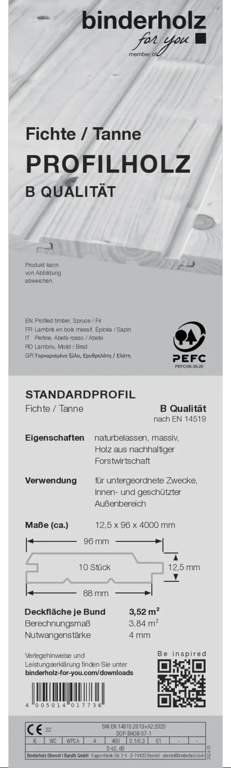 Profilholz Fichte B-Sortierung 400 x 9,6 cm 12,5 mm