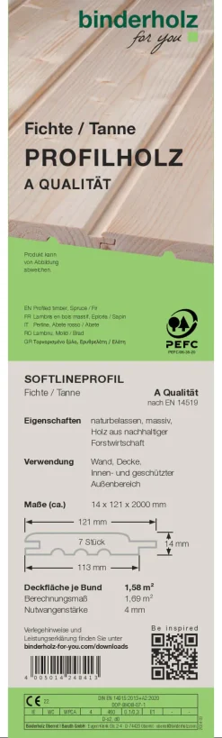 Profilholz Fichte Tanne A-Sortierung Softline 200 x 12,1 cm 14 mm