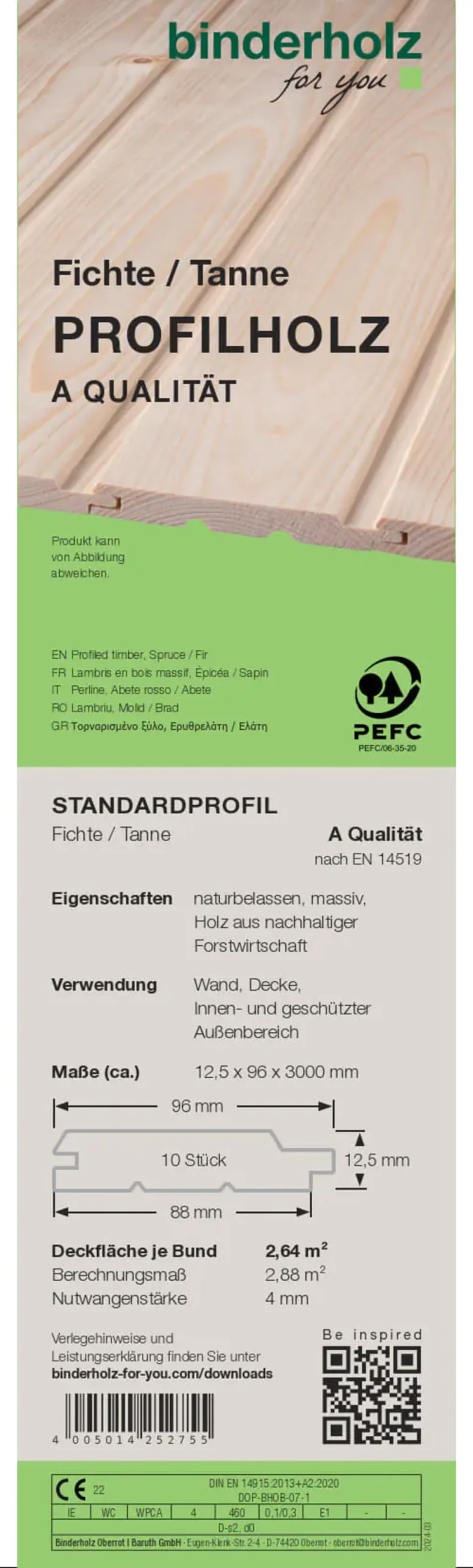 Profilholz Fichte Tanne A-Sortierung Schrägprofil 300 x 9,6 cm 12,5 mm