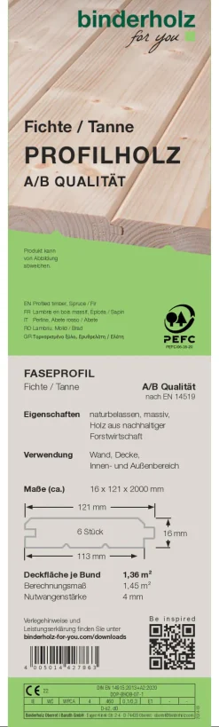 Profilholz Fichte Tanne A B-Sortierung Faseprofil 200 x 12,1 cm 16 mm