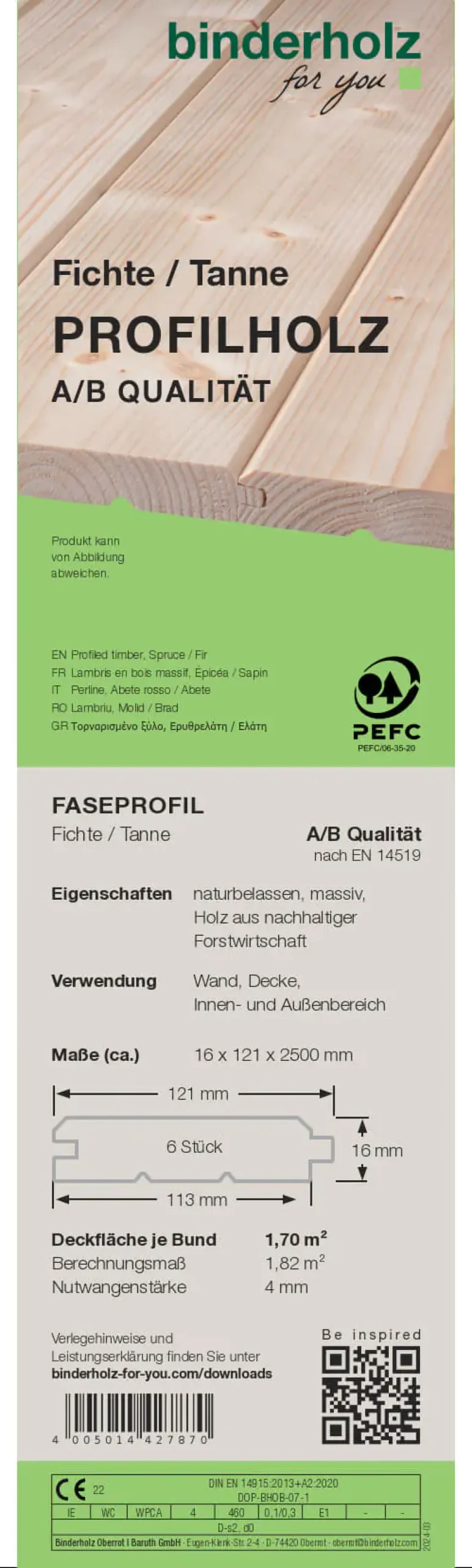 Profilholz Fichte Tanne A B-Sortierung Faseprofil 250 x 12,1 cm 16 mm