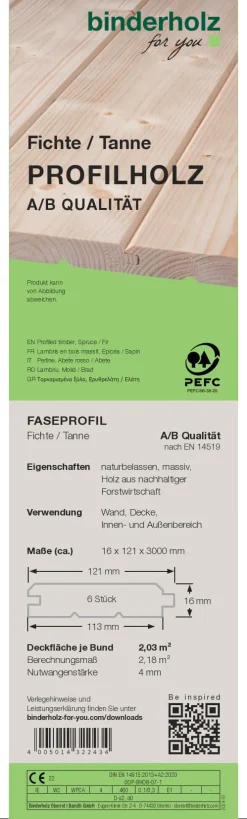 Profilholz Fichte Tanne A B-Sortierung Faseprofil 300 x 12,1 cm 16 mm