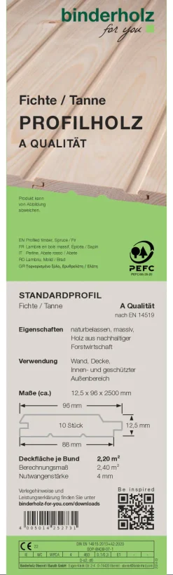 Profilholz Fichte Tanne A-Sortierung Schrägprofil 250 x 9,6 cm 12,5 mm