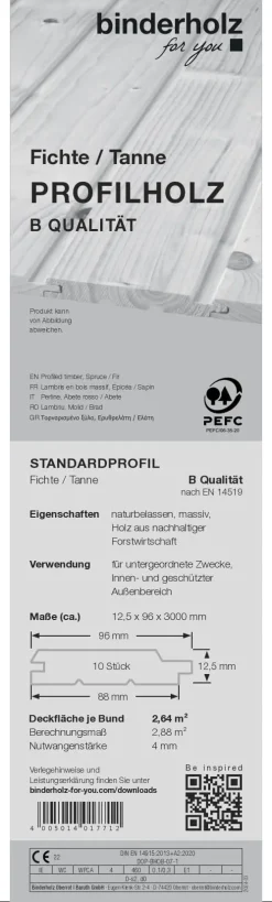 Profilholz Fichte Tanne B-Sortierung Schrägprofil 300 x 9,6 cm 12,5 mm