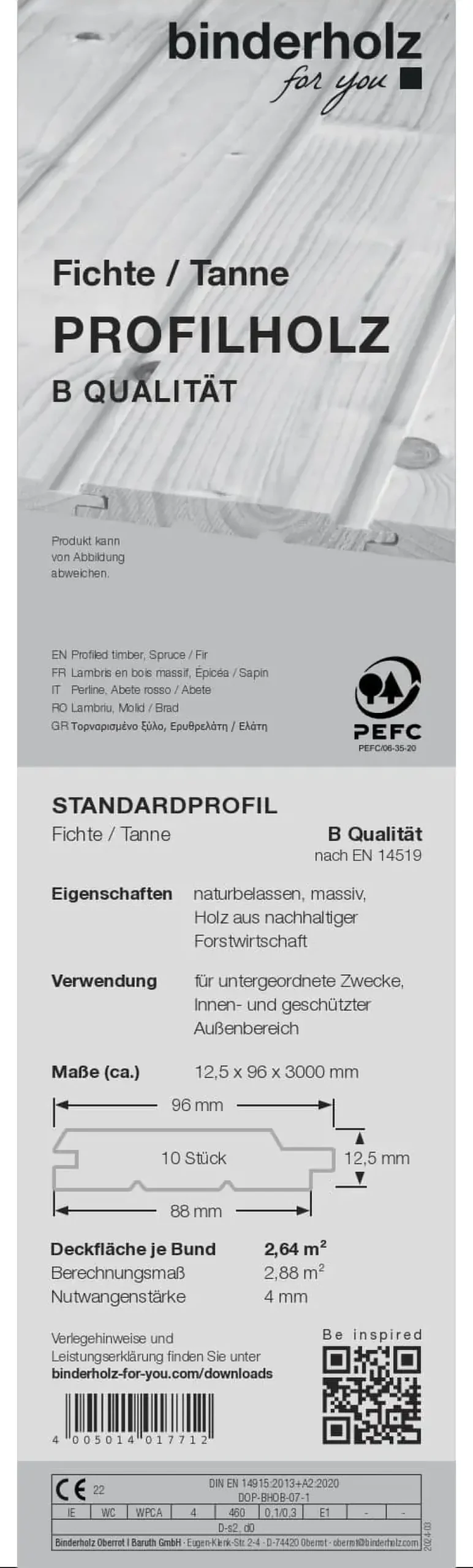 Profilholz Fichte Tanne B-Sortierung Schrägprofil 300 x 9,6 cm 12,5 mm