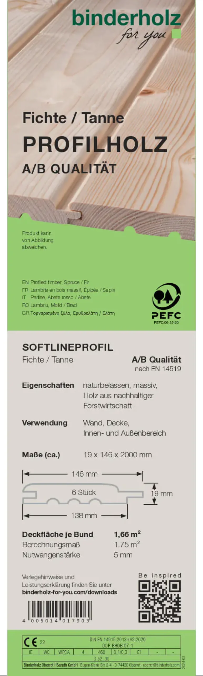 Profilholz Fichte Tanne B-Sortierung Softlineprofil 200 x 14,6 cm 19 mm