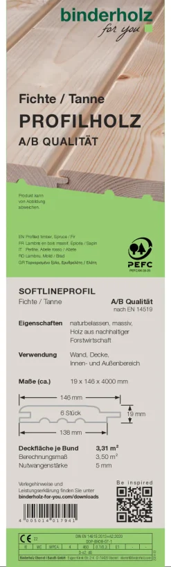Profilholz Fichte Tanne B-Sortierung Softlineprofil 400 x 14,6 cm 19 mm