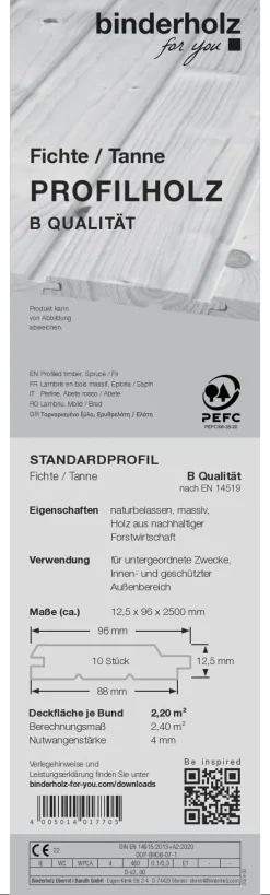 Profilholz Fichte Tanne B-Sortierung Schrägprofil 250 x 9,6 cm 12,5 mm