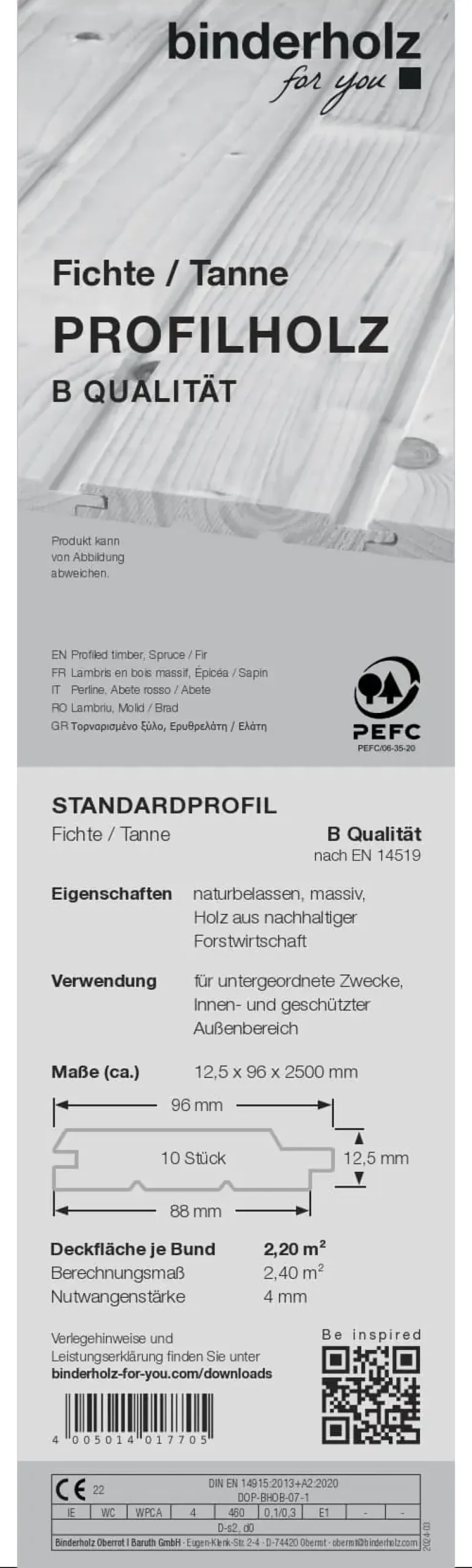 Profilholz Fichte Tanne B-Sortierung Schrägprofil 250 x 9,6 cm 12,5 mm