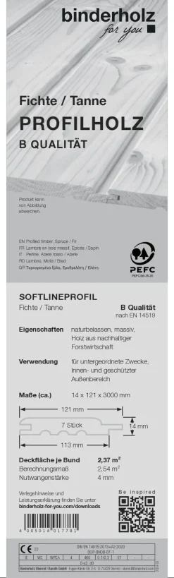Profilholz Fichte Tanne Standard B-Sortierung Schrägprofil 300 x 12,1 cm 14 mm
