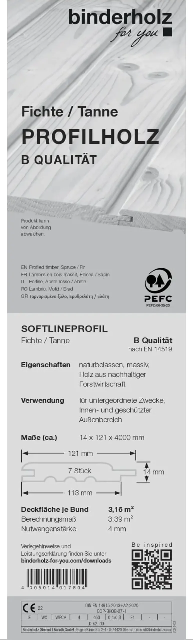 Profilholz Fichte Tanne Standard B-Sortierung Schrägprofil 400 x 12,1 cm 14 mm