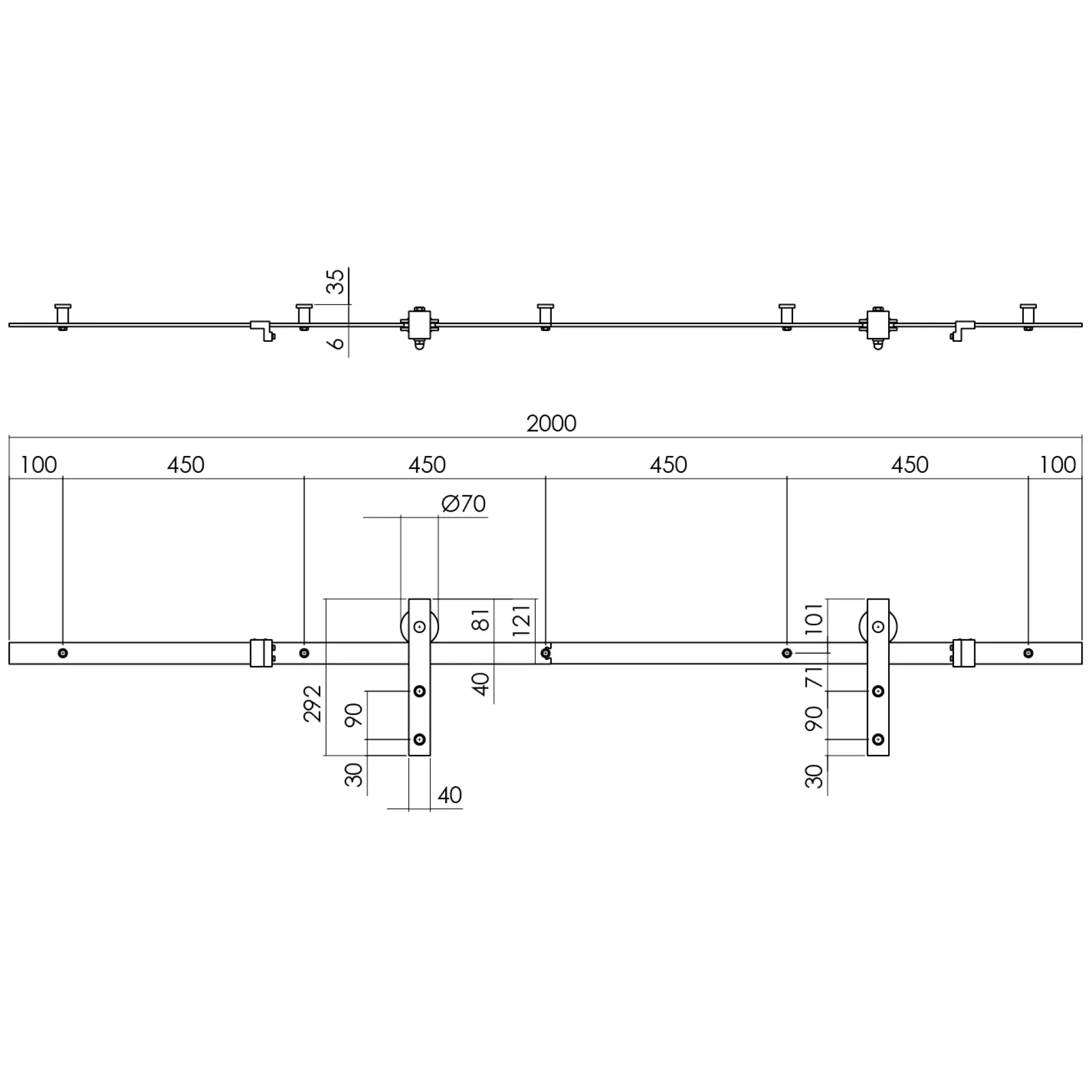 Schiebetürsystem 200 cm Basic, Edelstahl gebürstet