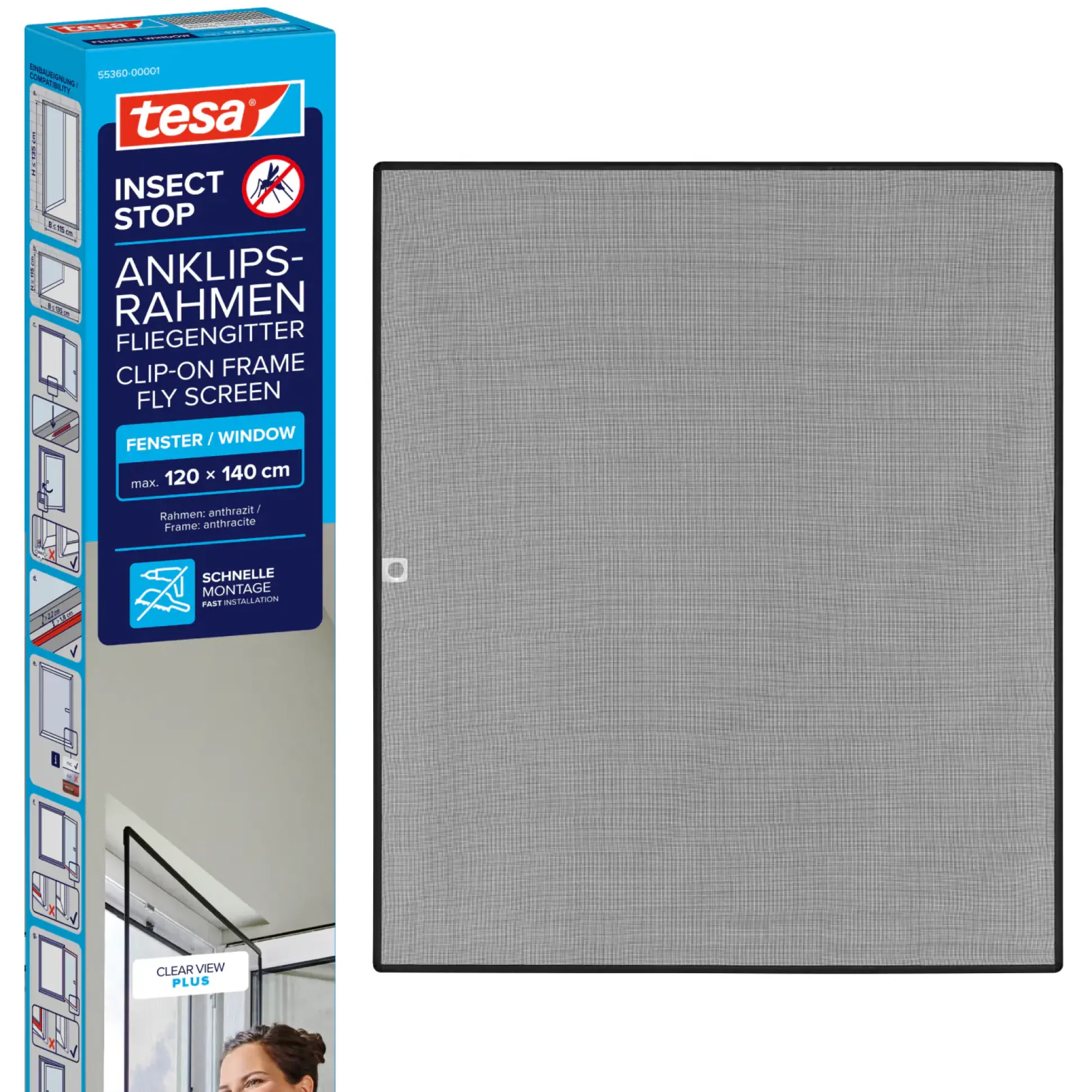 tesa Anklipsrahmen Fliegengitter 120 x 140 cm anthrazit