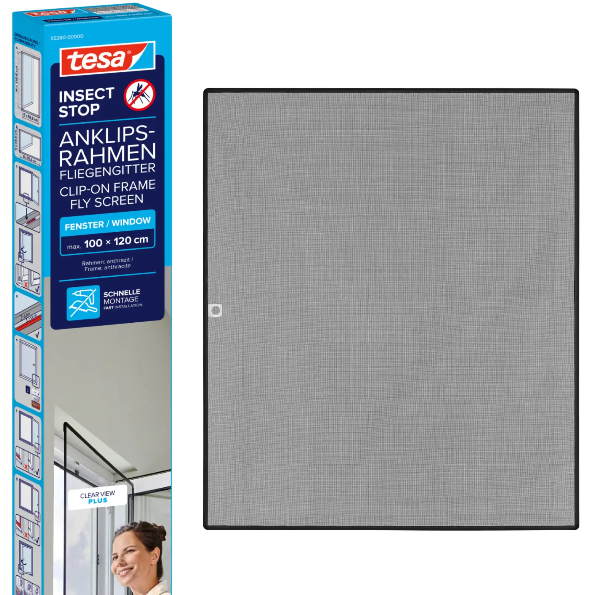 tesa Anklipsrahmen Fliegengitter 100 x 120 cm anthrazit