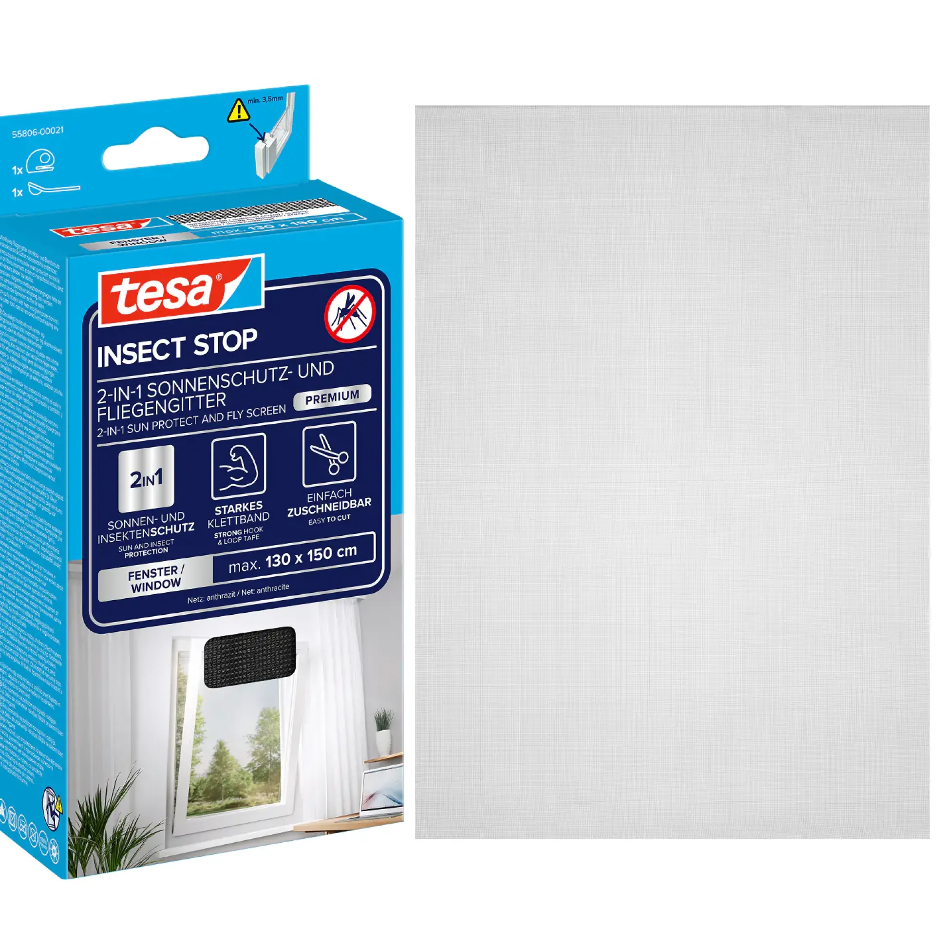tesa Insektenschutz-Fenster SUN PROTECT 130 x 150 cm anthrazit